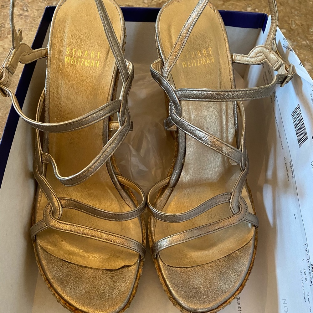 Stuart Weitzman brushed gold wedges